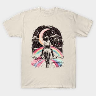 Moonlit Equestrian Dreams: Mystical Horseback Rider Under Starry Crescent Moon Art T-Shirt